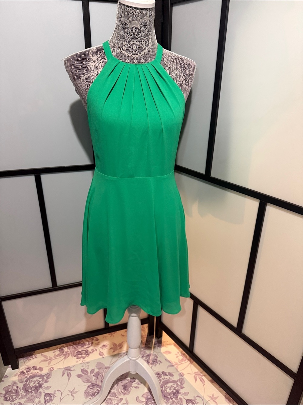 Express Bright Green Halter Pleated Mini Dress